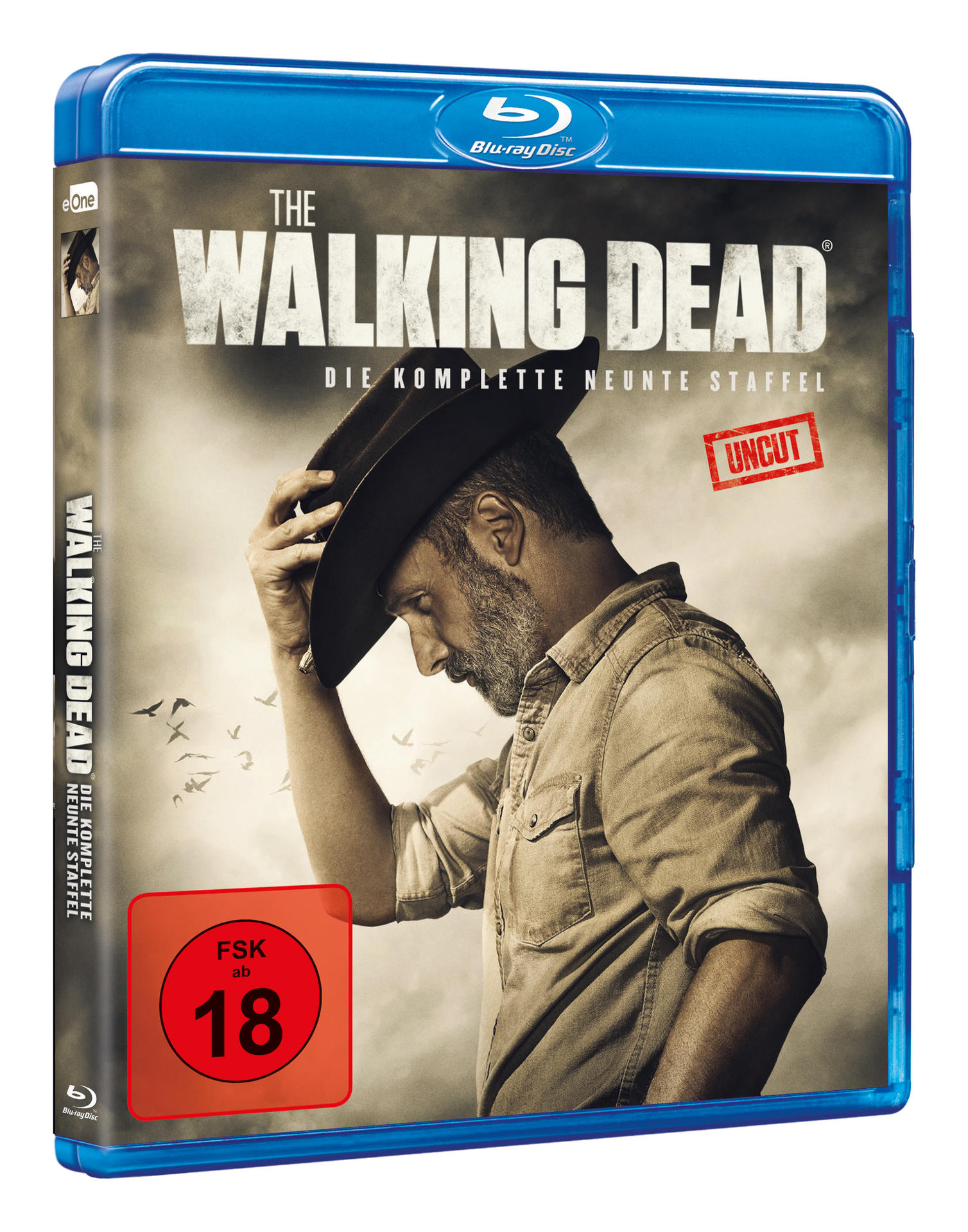 Eine Blu-ray-Hülle für 'The Walking Dead' zeigt einen Mann mit Hut. Titel und Bewertung sind sichtbar.
