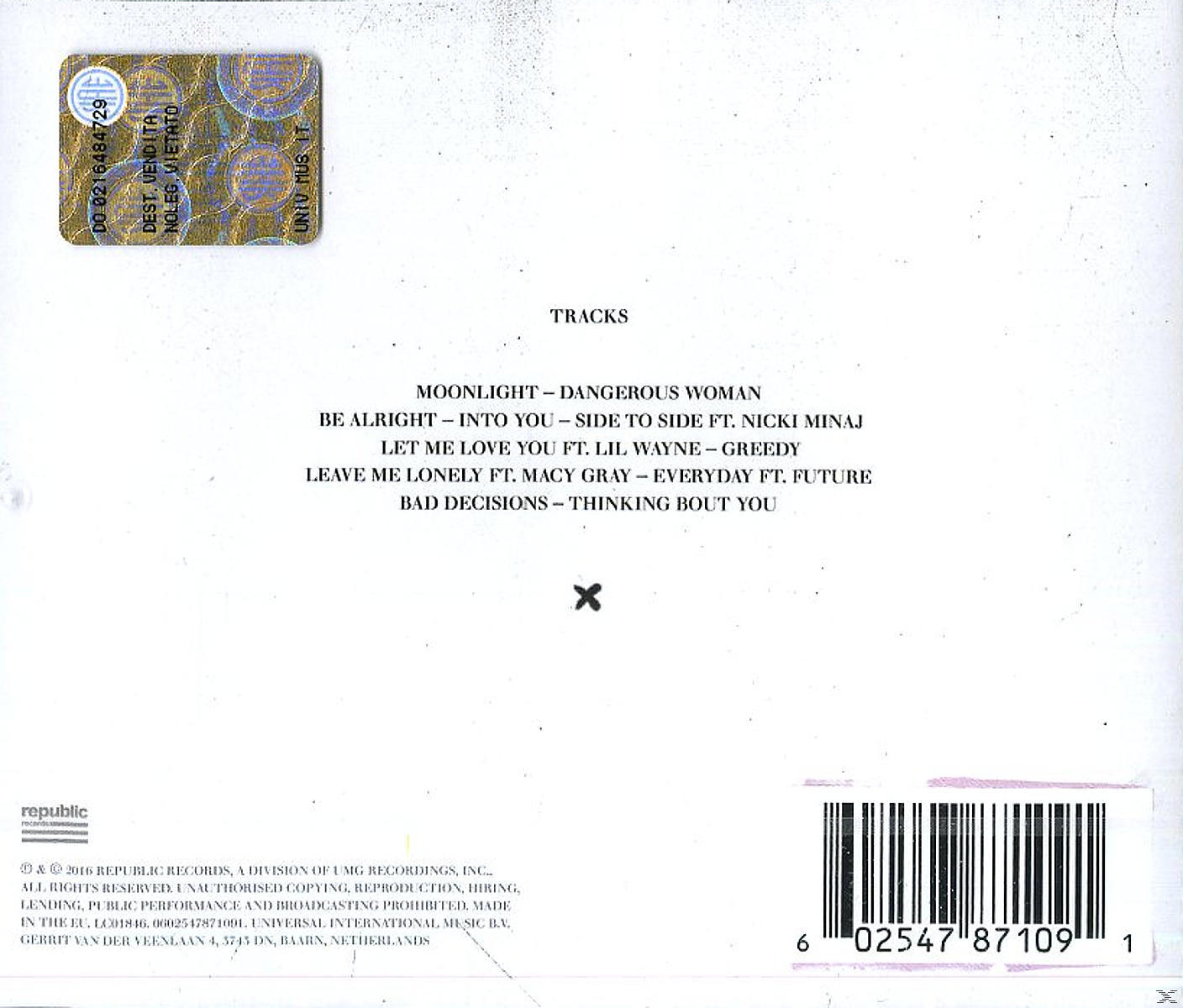 Achterkant van een cd-hoesje met een lijst met songtitels en een barcode.