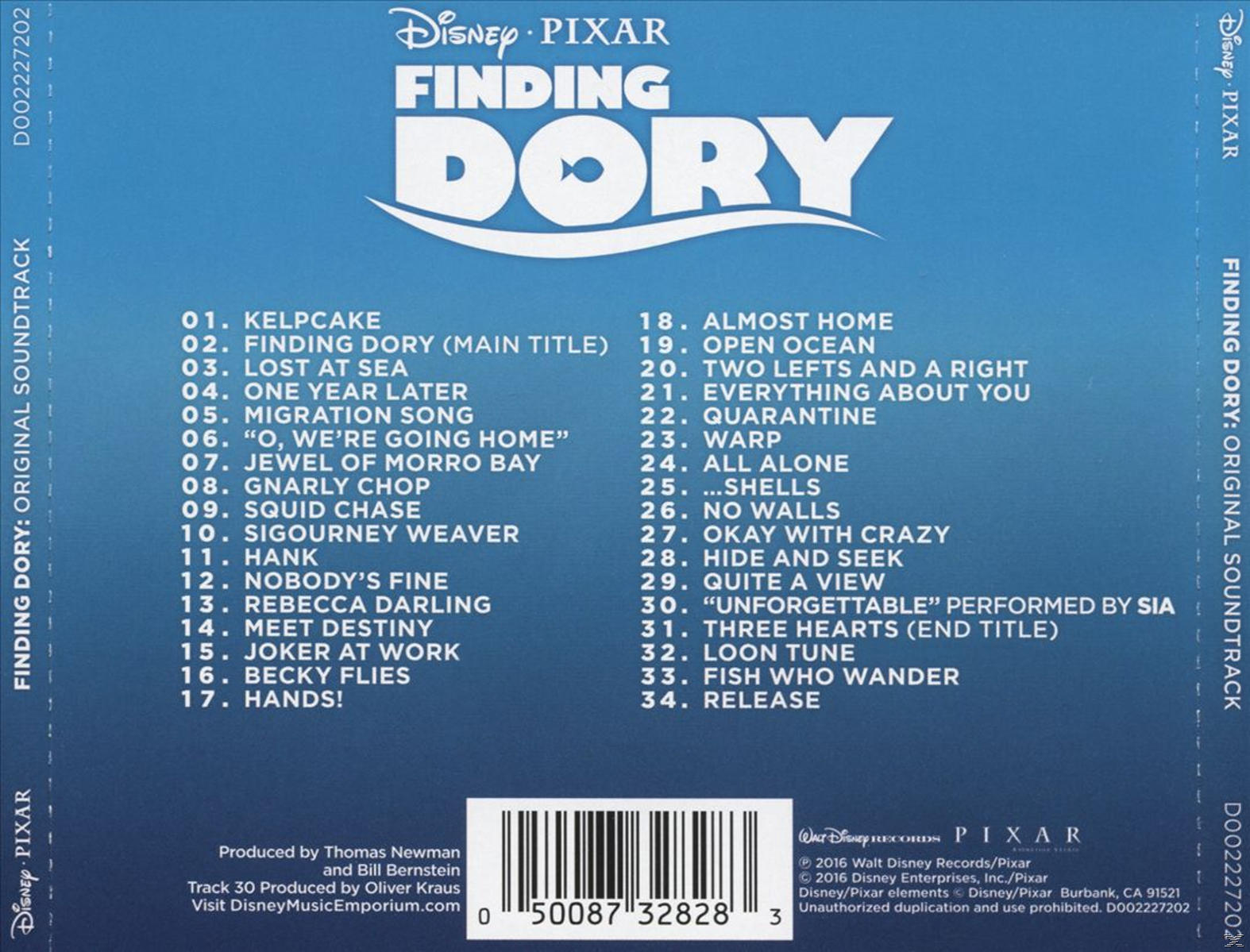 Le dos d'un boîtier de CD de la bande originale de Le Monde de Dory, avec la liste des titres et les crédits.