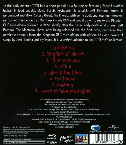 Dos d'un disque Blu-ray du concert de Toto. Le texte liste les chansons, les crédits et les logos.