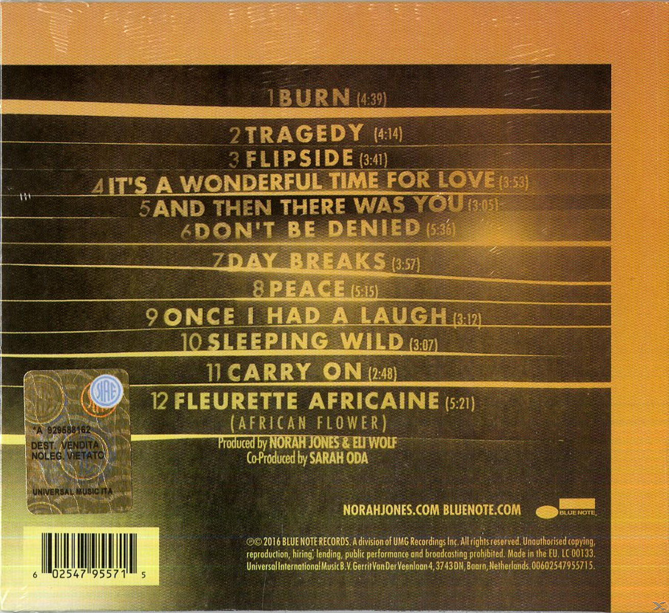Le dos d'un boîtier de CD avec les titres des chansons et les crédits. Le fond est doré et jaune.