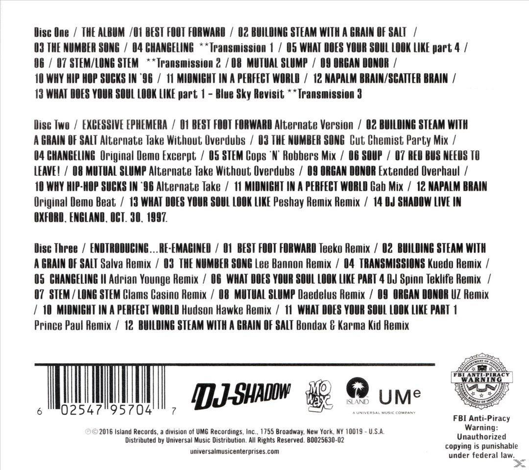 Pochette d'album CD avec texte et listes des titres. L'album est de DJ Shadow et s'intitule 'Endtroducing'.