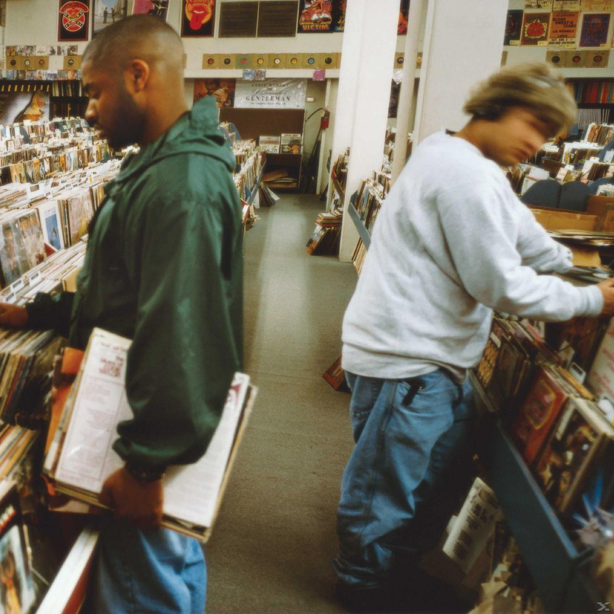 Deux hommes feuillettent des disques dans un magasin de disques. Étagères remplies de vinyles en arrière-plan.