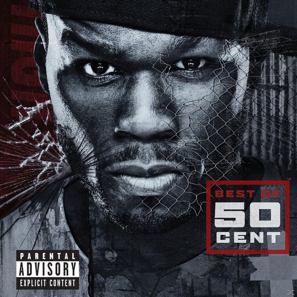 50 Cent albumcover. Gezicht in gebroken glas, met titel 'Best of 50 Cent'.