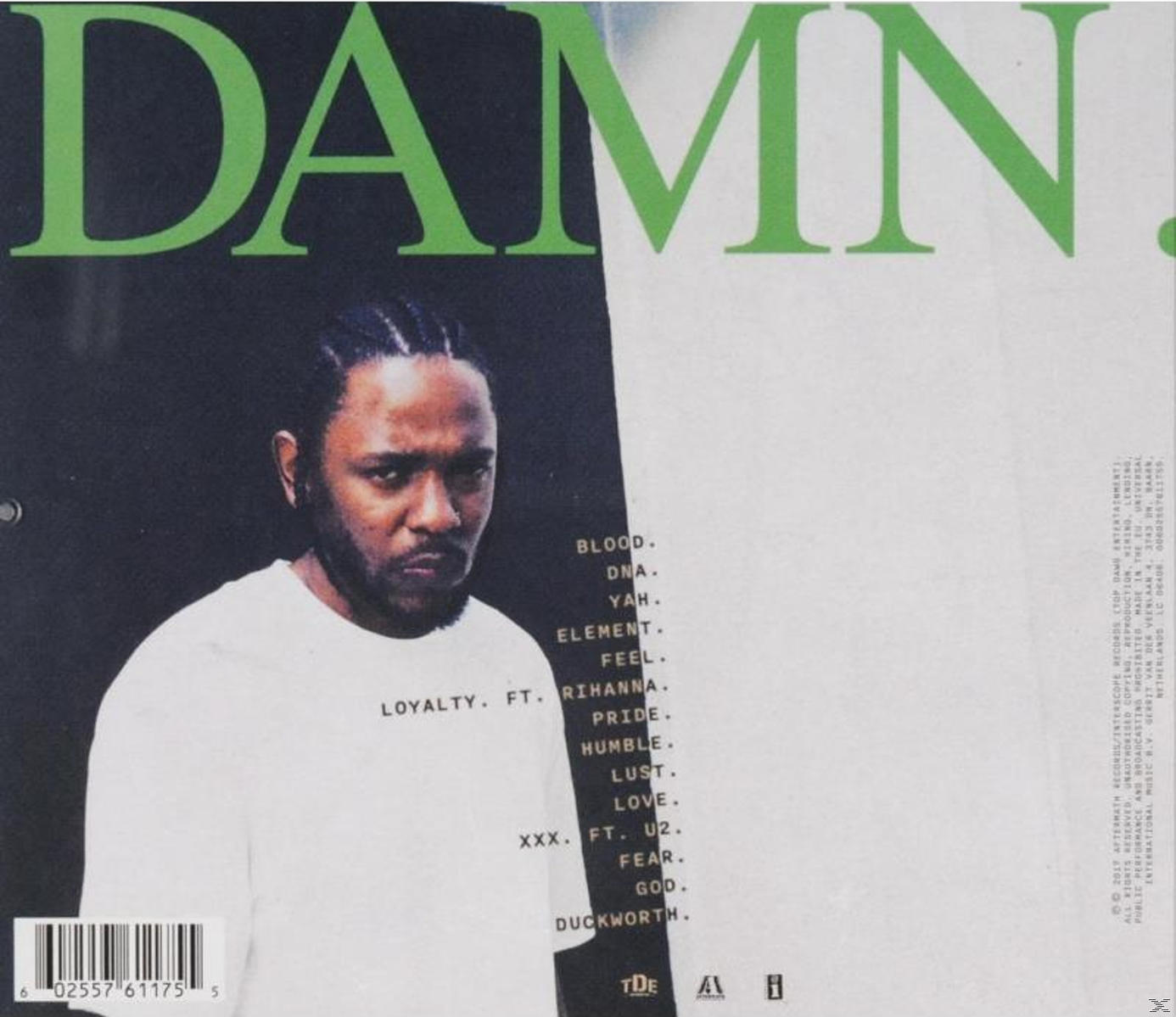 Album cover for DAMN by Kendrick Lamar, featuring his portrait and a tracklist.