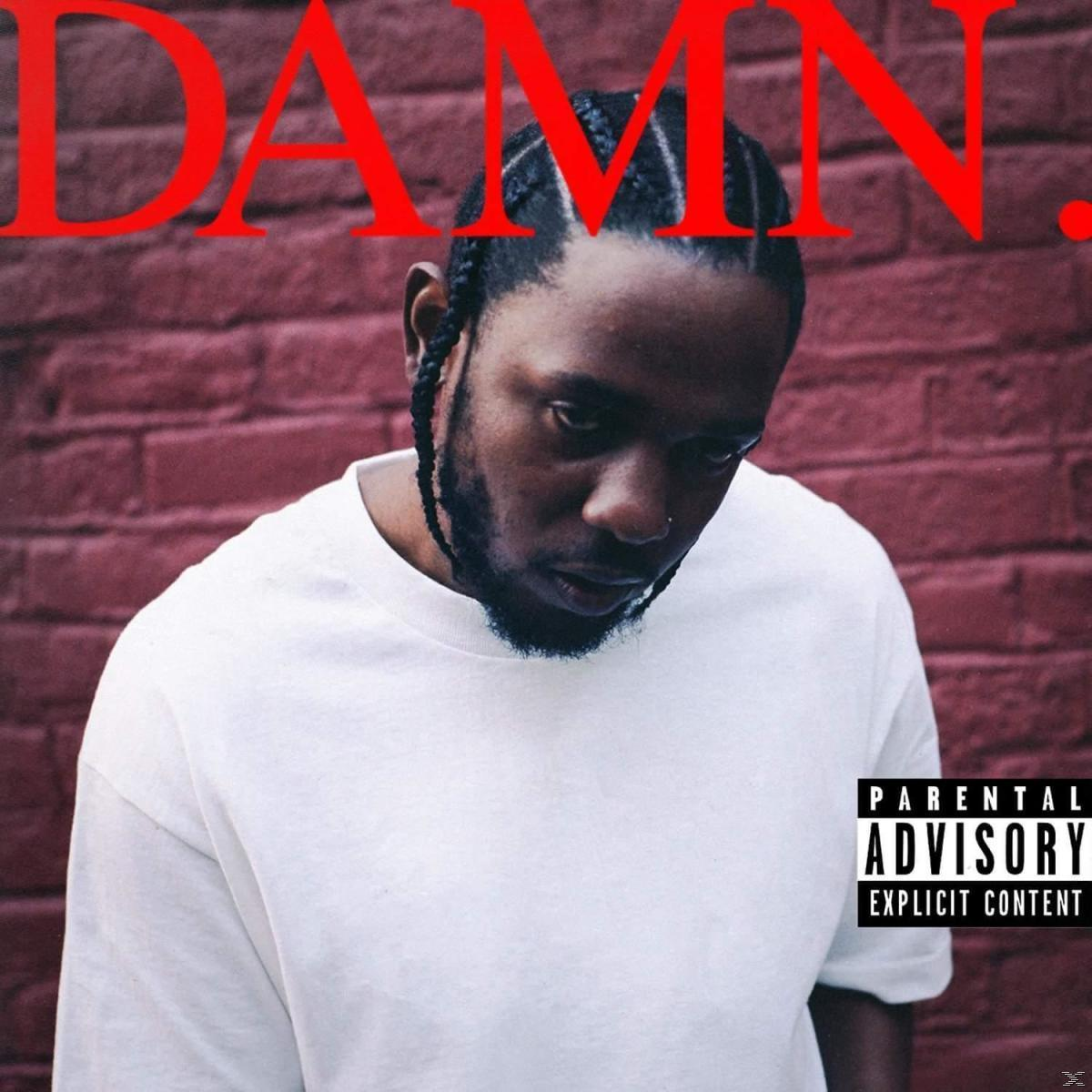 Album cover with a man looking down, the title "DAMN." in red letters, and a parental advisory warning.
