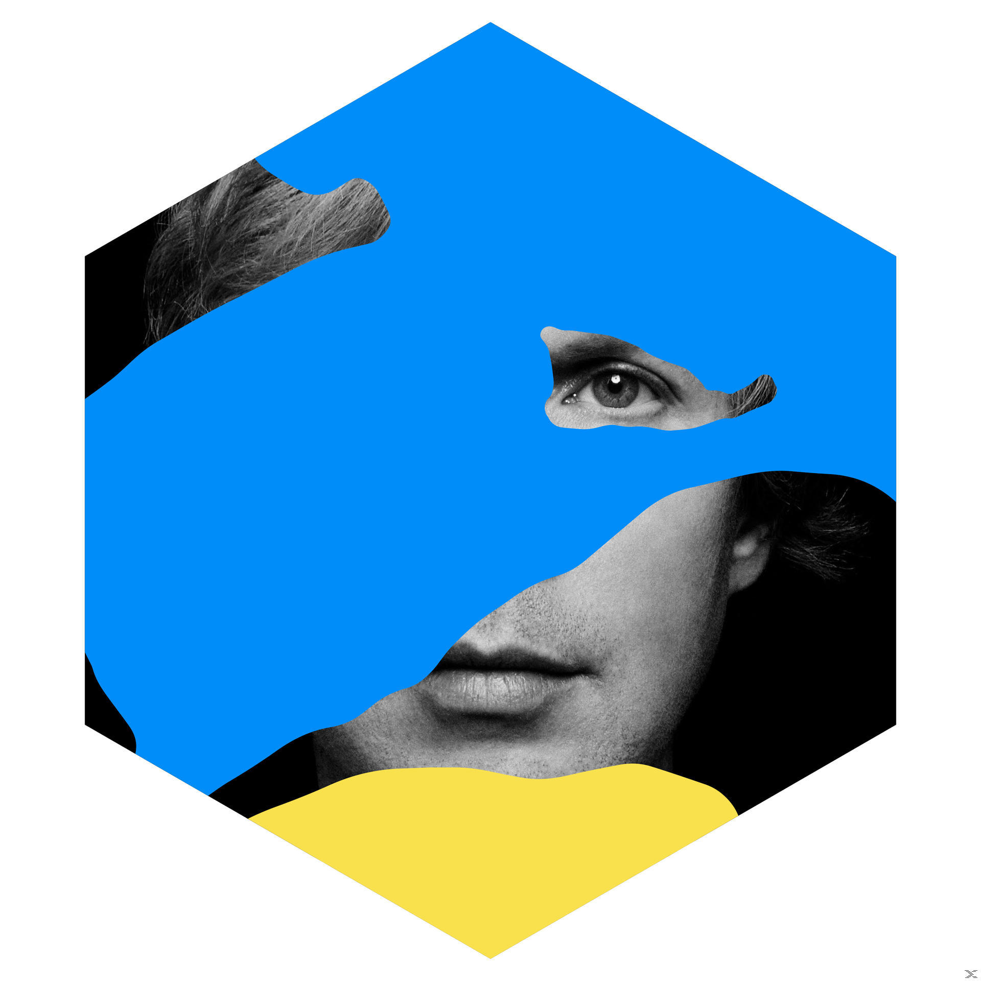 Portret van een man waarvan het gezicht gedeeltelijk wordt bedekt door een blauwe en gele geometrische vorm.