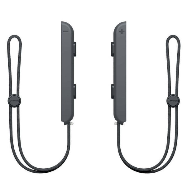 Dos mandos Joy-Con grises de Nintendo Switch. Cada uno con una correa adjunta abajo.