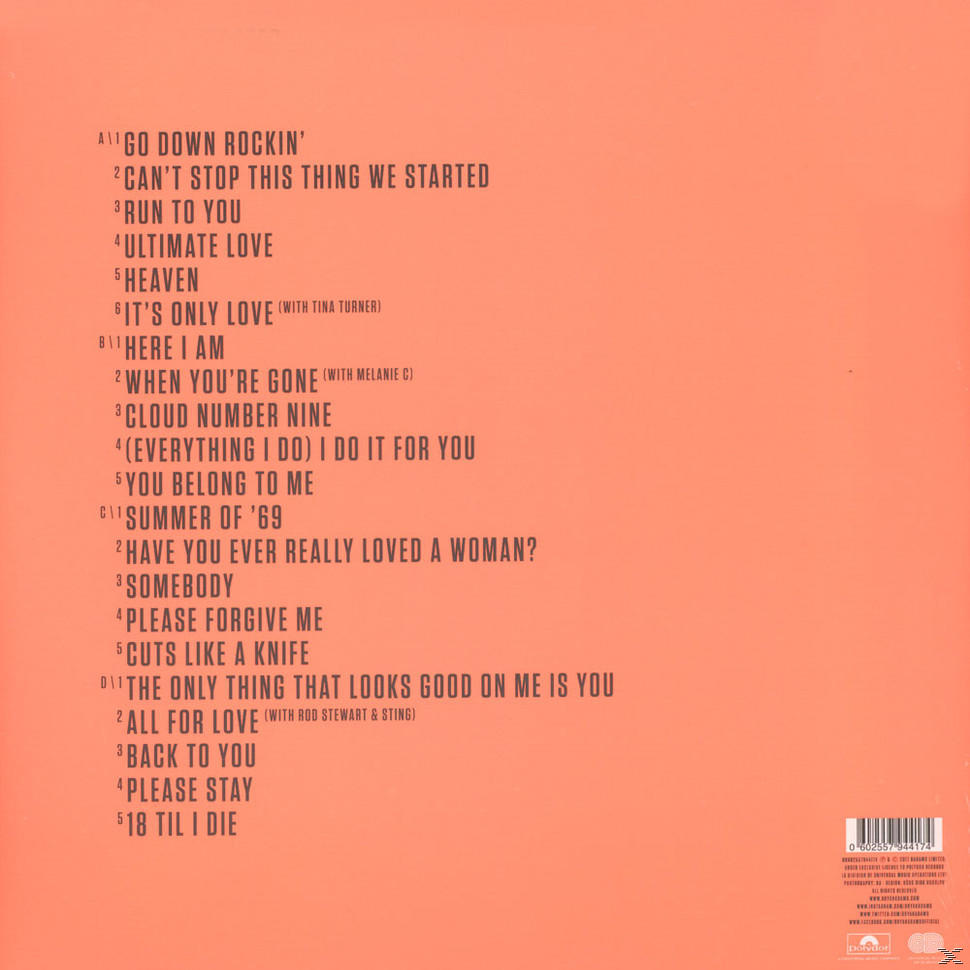 Album tracklist on an orange background. List includes song titles and artist information.