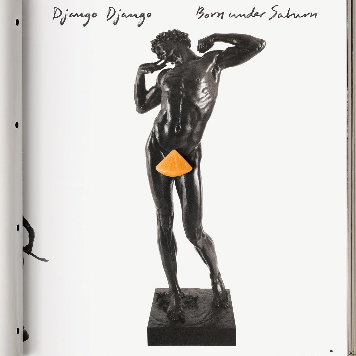 Albumhoes: Standbeeld van een man met oranje driehoek over geslachtsdelen. Django Django.