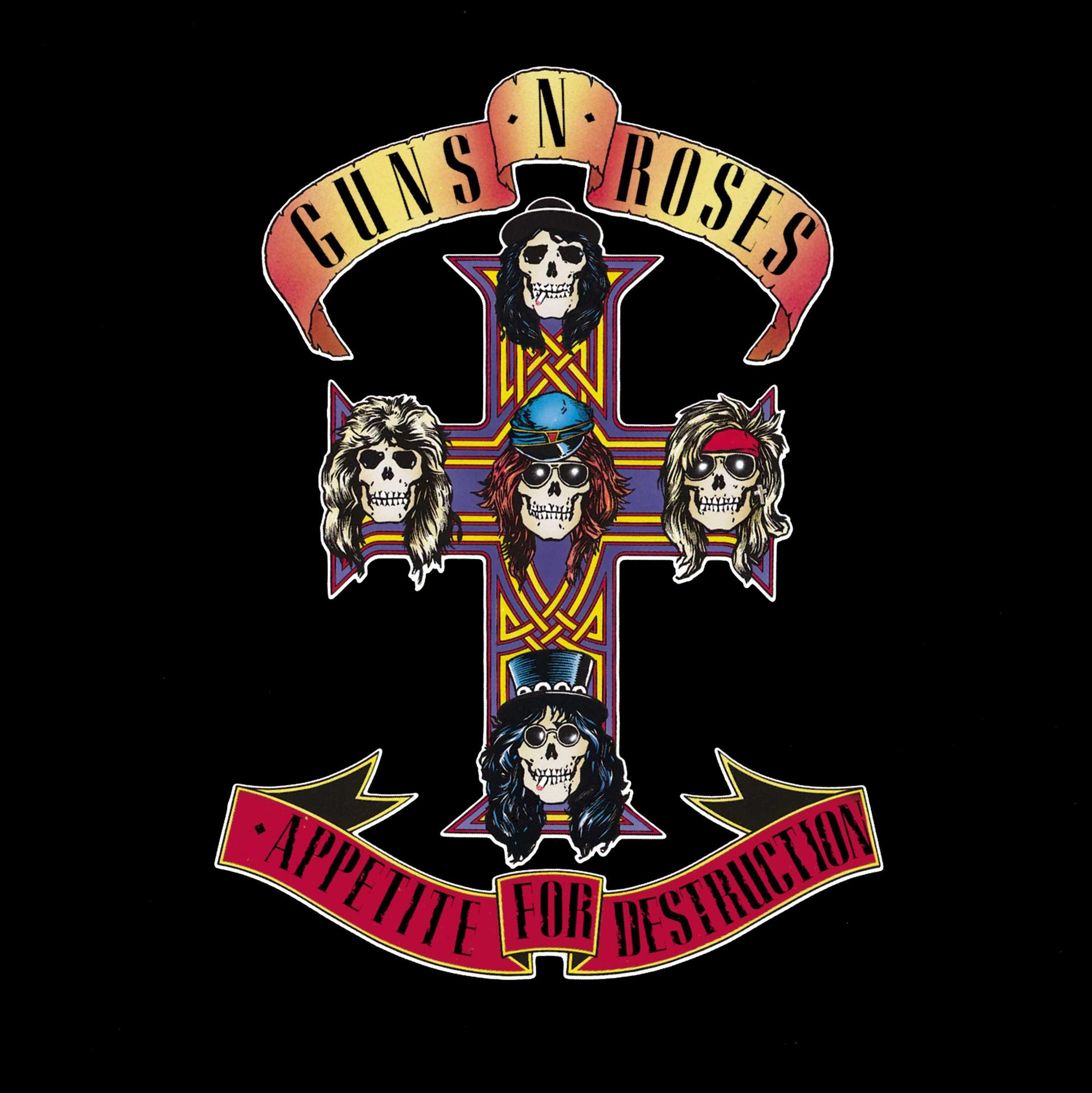 Pochette de l'album Guns N' Roses, emblème avec des crânes sur une croix et le nom du groupe, bannière 'Appetite for Destruction'.