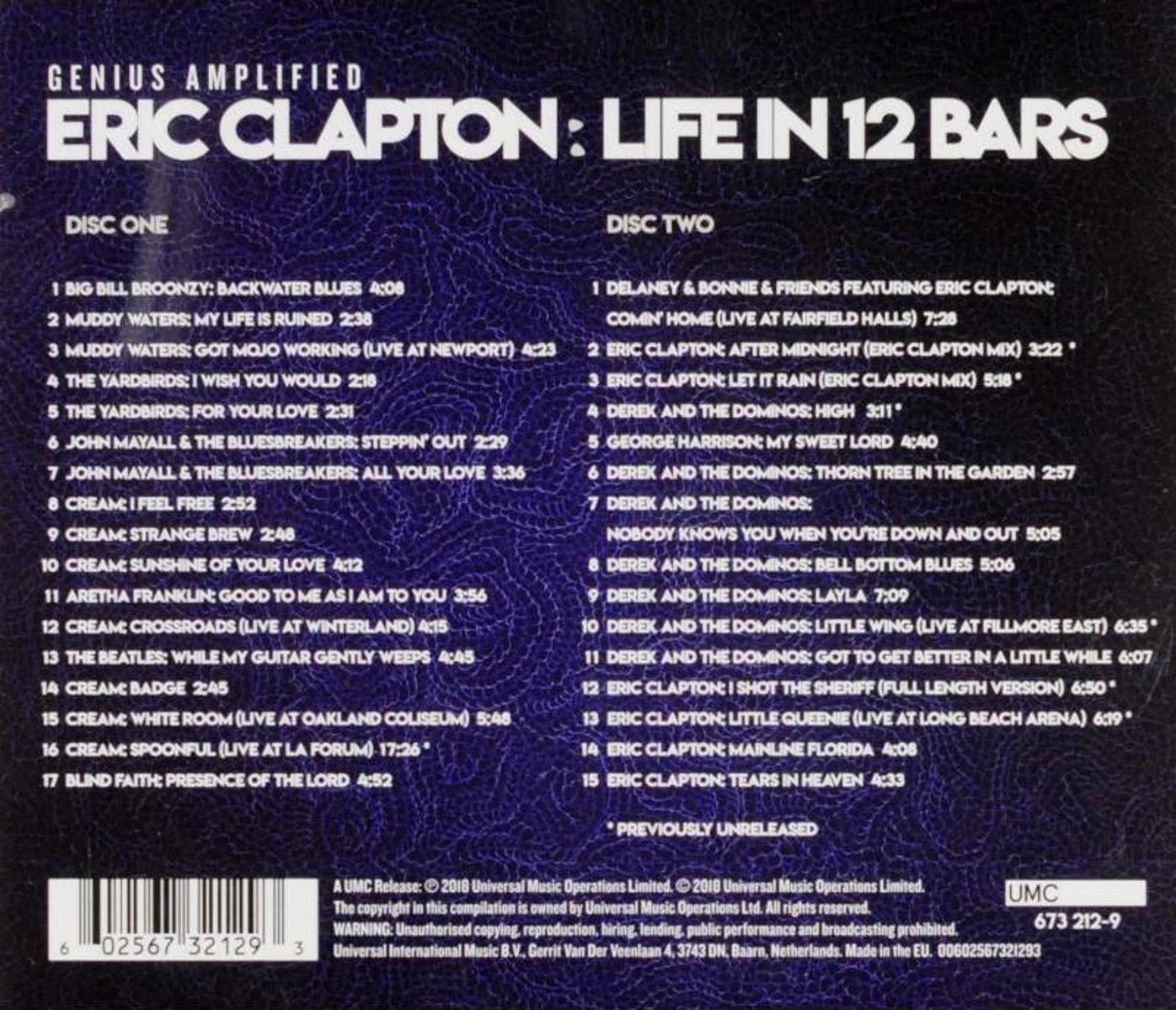 Albumhoes voor Eric Clapton: Life in 12 Bars. Bevat tracklijsten, artiestennaam en een logo.