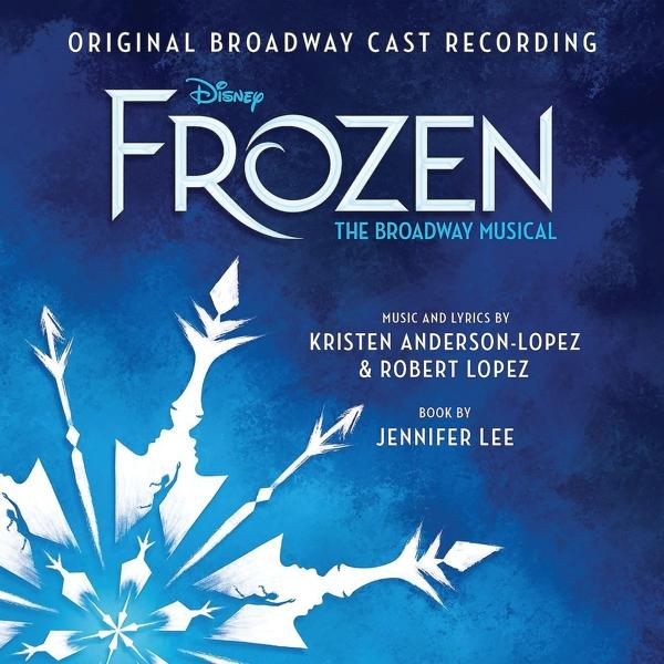 Frozen musical cover. Blauwe achtergrond met sneeuwvlok ontwerp en tekst.
