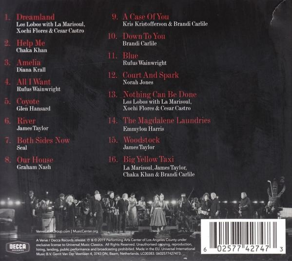 Pochette d'album CD. Listes de titres de chansons sur fond sombre. Un groupe est en bas.
