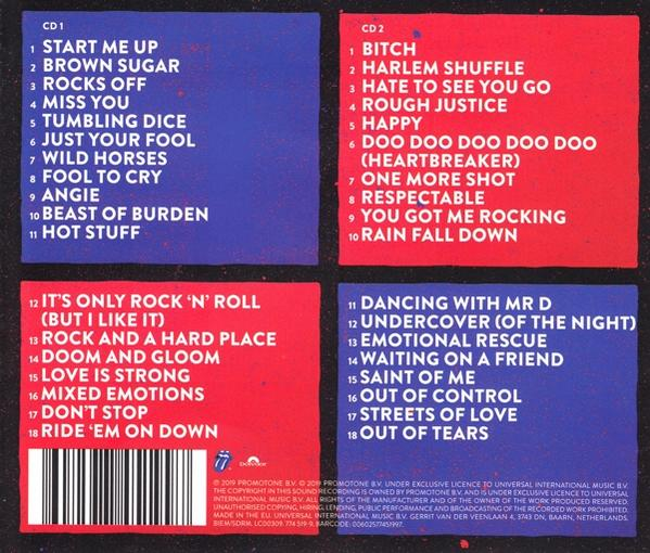 Achterkant van een Rolling Stones-album met tracklijsten. Blauwe en rode achtergronden zijn aanwezig.