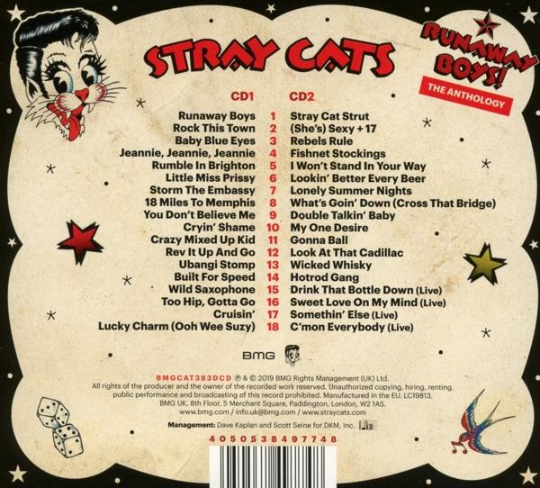 Dos du CD avec la liste des titres de Stray Cats, l'illustration d'un chat et le logo du groupe.