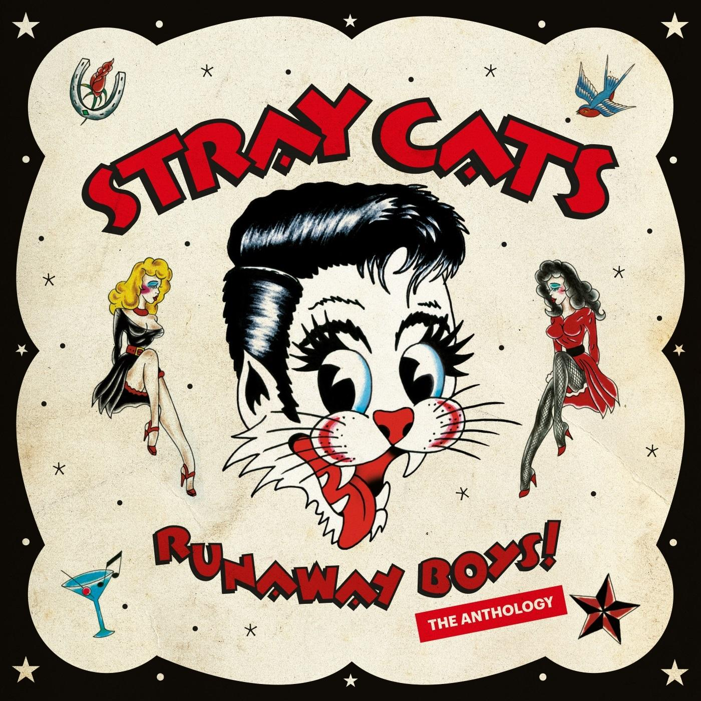 Pochette d'album Stray Cats: Tête de chat avec art de tatouage et deux femmes sur les côtés.