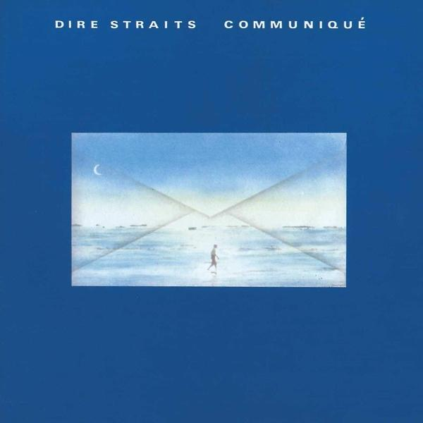 Albumhoes van Dire Straits, blauwe achtergrond, tekening van een envelop.