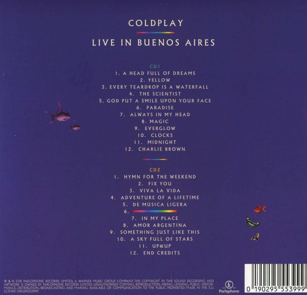 A Coldplay 'Live in Buenos Aires' című CD-jének hátlapja. A számlista és a logók láthatók.