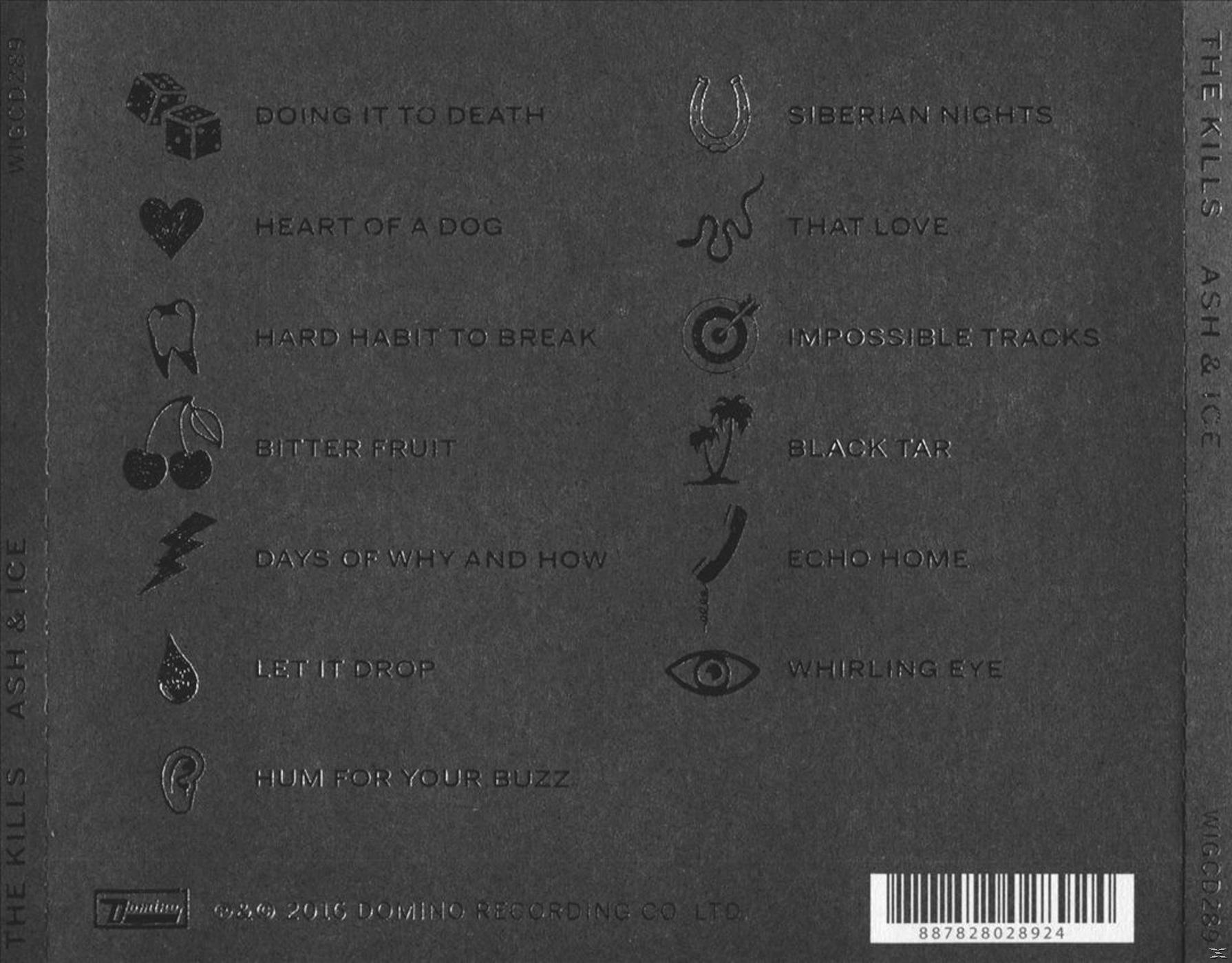 Achterkant van het album The Kills. Zwarte achtergrond met songtitels en symbolen in zilver.