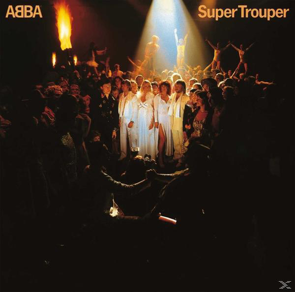 ABBA Super Trouper Albumcover. Band im Rampenlicht mit Publikum und Bühnenbeleuchtung.