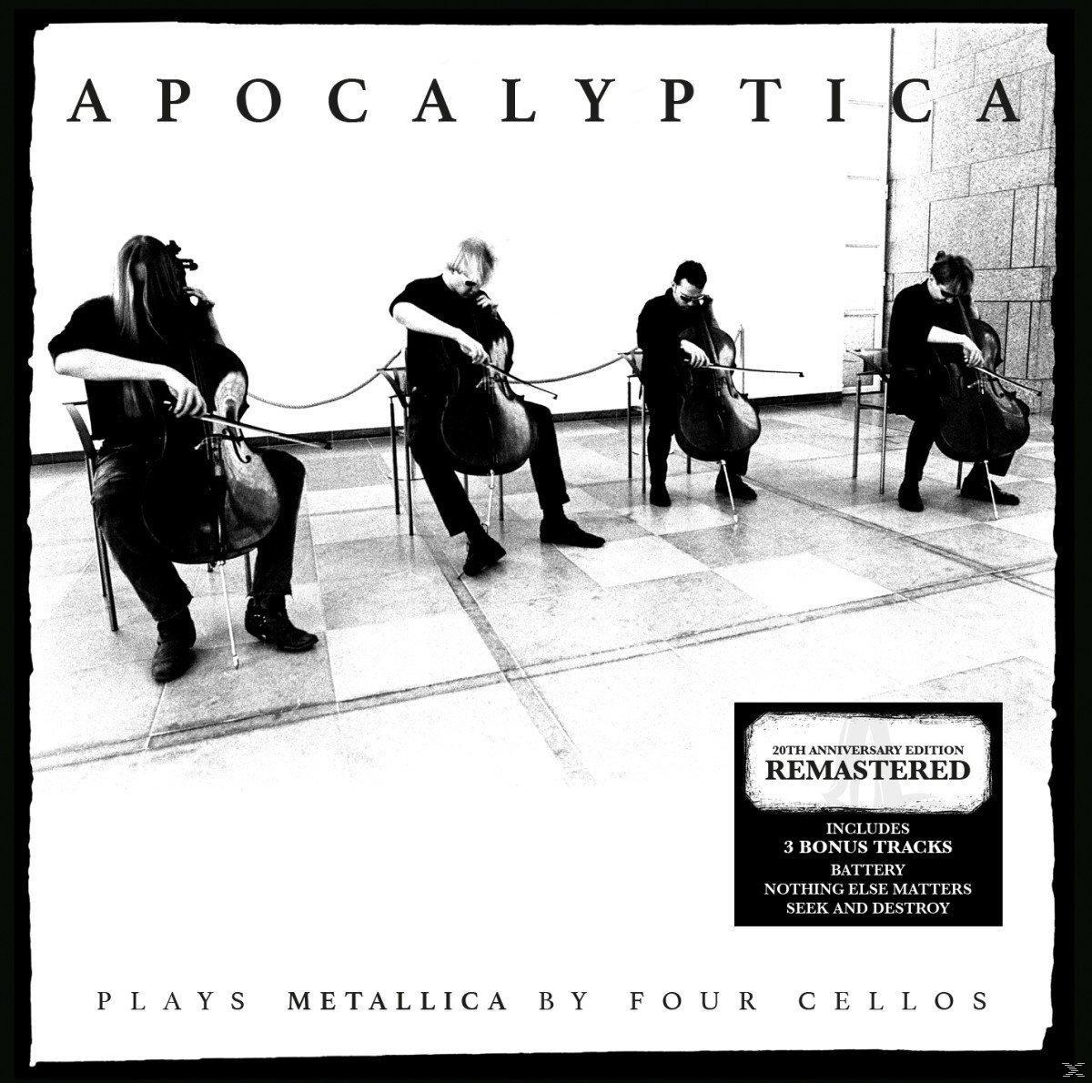Az Apocalyptica album borítója. Négy zenész csellón játszik. A szöveg tartalmazza az album címét, a számlistát és a "Plays Metallica by Four Cellos"-t.