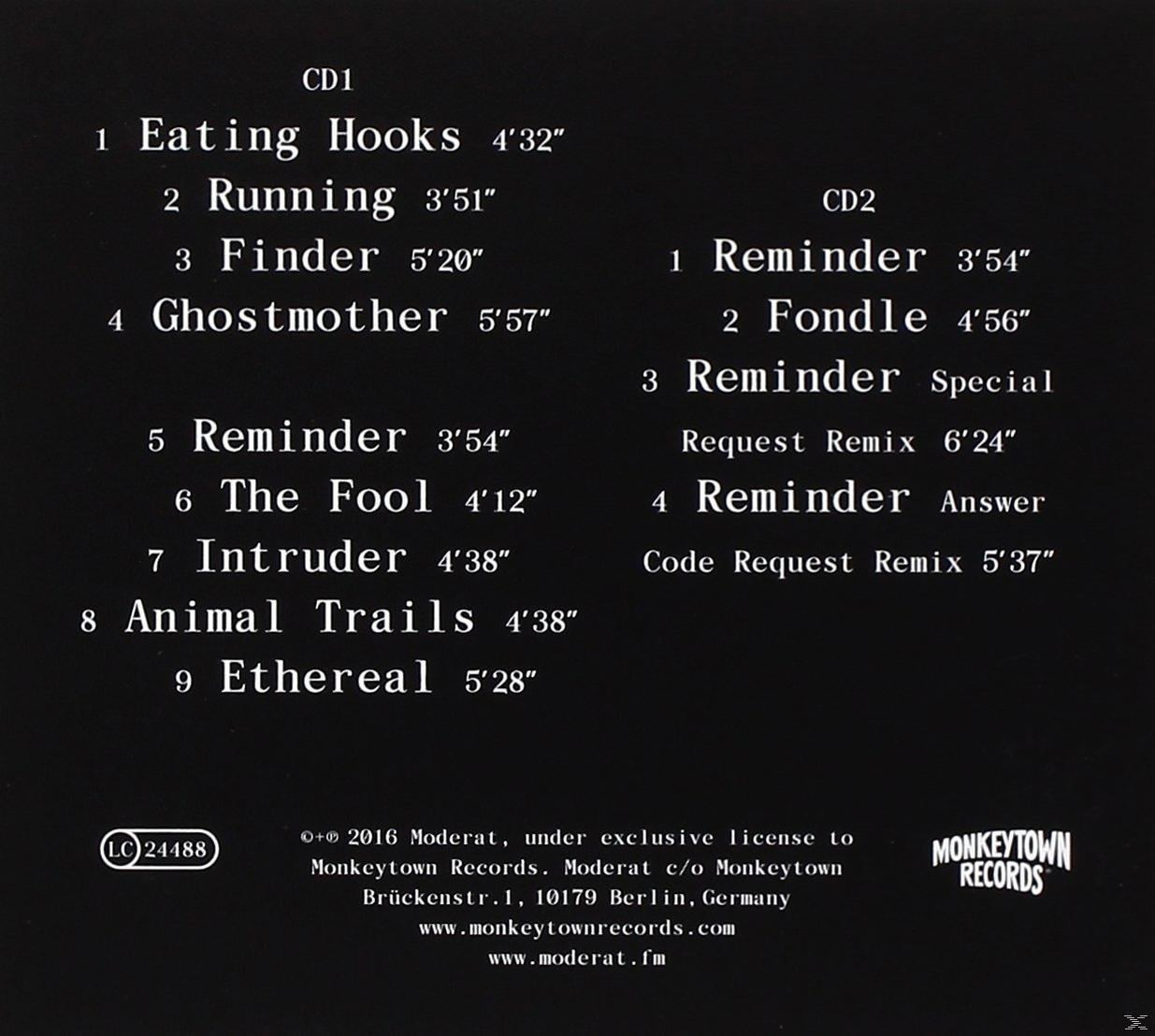 Album-Trackliste auf schwarzem Hintergrund mit Songs wie 'Eating Hooks' und 'Reminder'. Enthält Label-Infos.