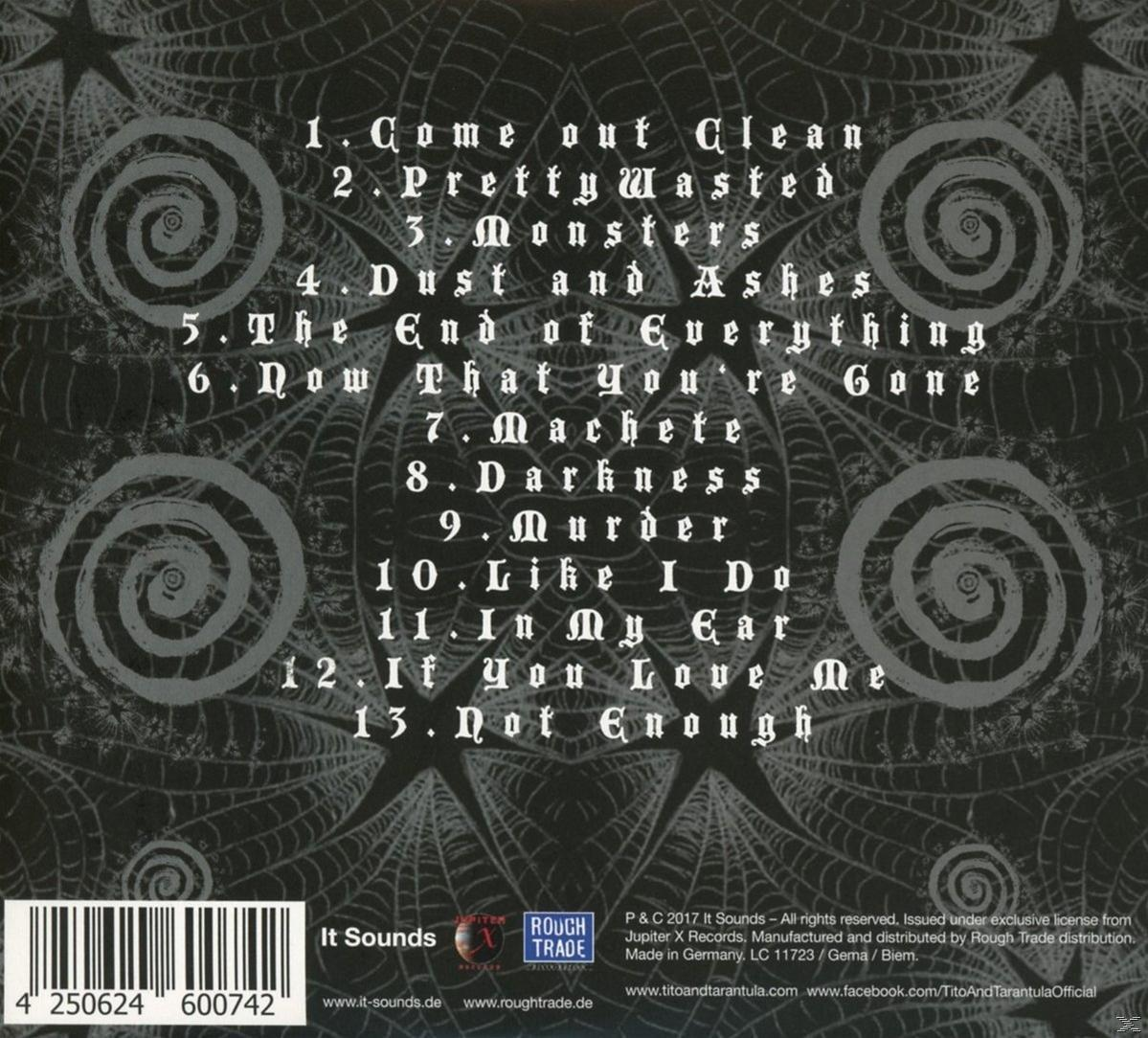 CD-Rückseite mit einer Liste von Songtiteln und einem Spinnennetz-Design.