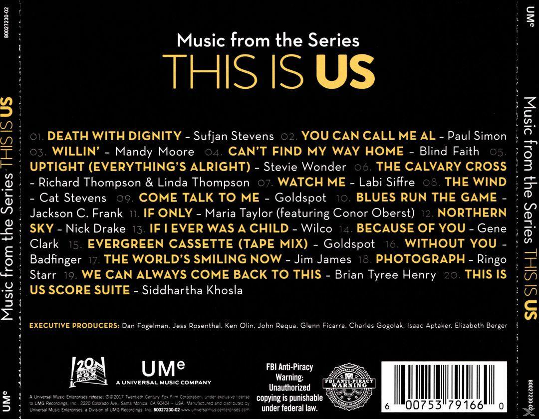 CD-Cover für den This Is Us-Soundtrack. Der Text listet Tracks und Credits auf. Das Universal Music-Logo ist sichtbar.