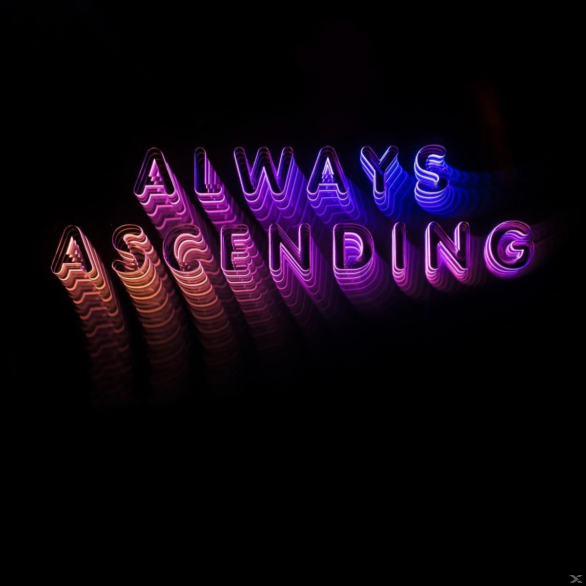 Neonschild mit den Worten "ALWAYS ASCENDING" in Lila und Orange vor schwarzem Hintergrund.