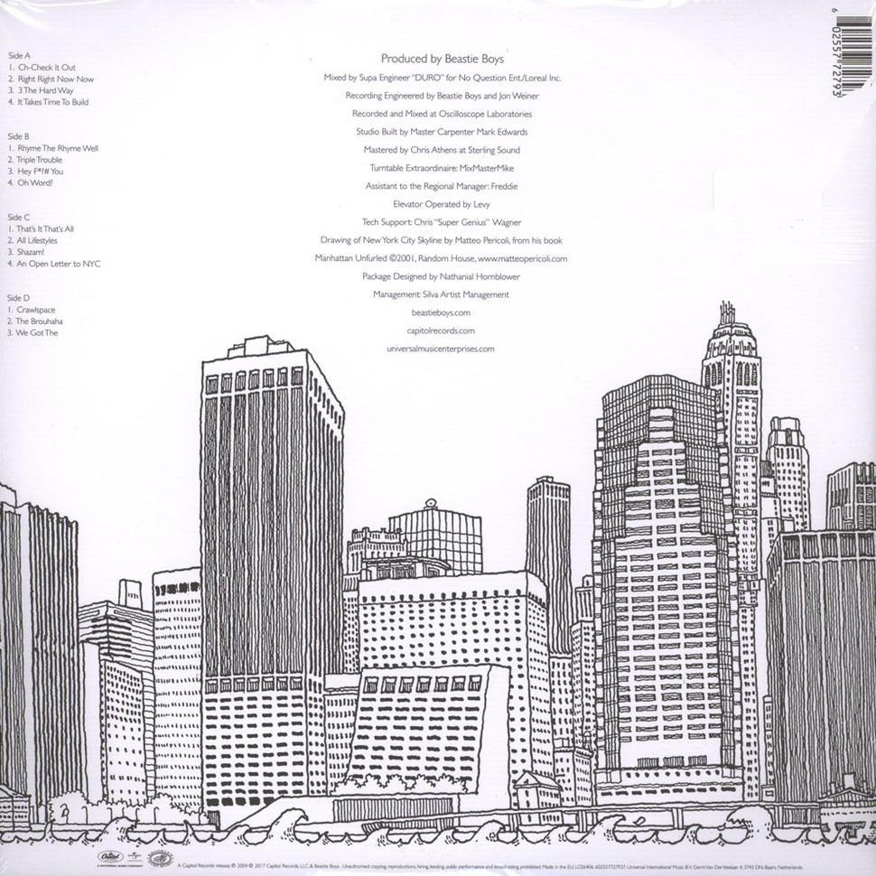 Album-Rückseite mit New York City Skyline-Illustration und Titelliste.