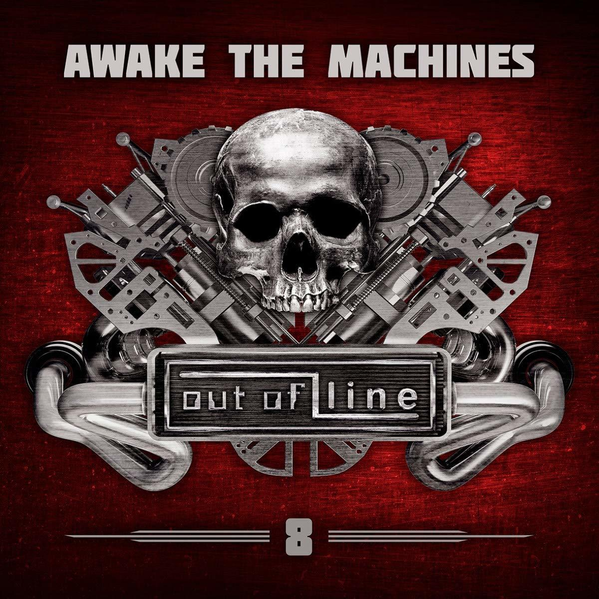 Albumcover mit Totenkopf, Zahnrädern, Text: Awake the Machines, Out of Line.