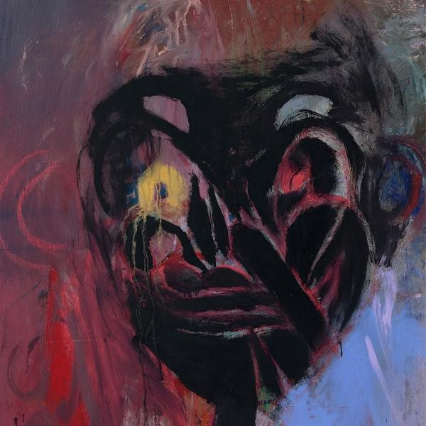 Abstraktes Gemälde eines Gesichts mit dunklen Merkmalen und gelbem Auge. Rote und blaue Striche.