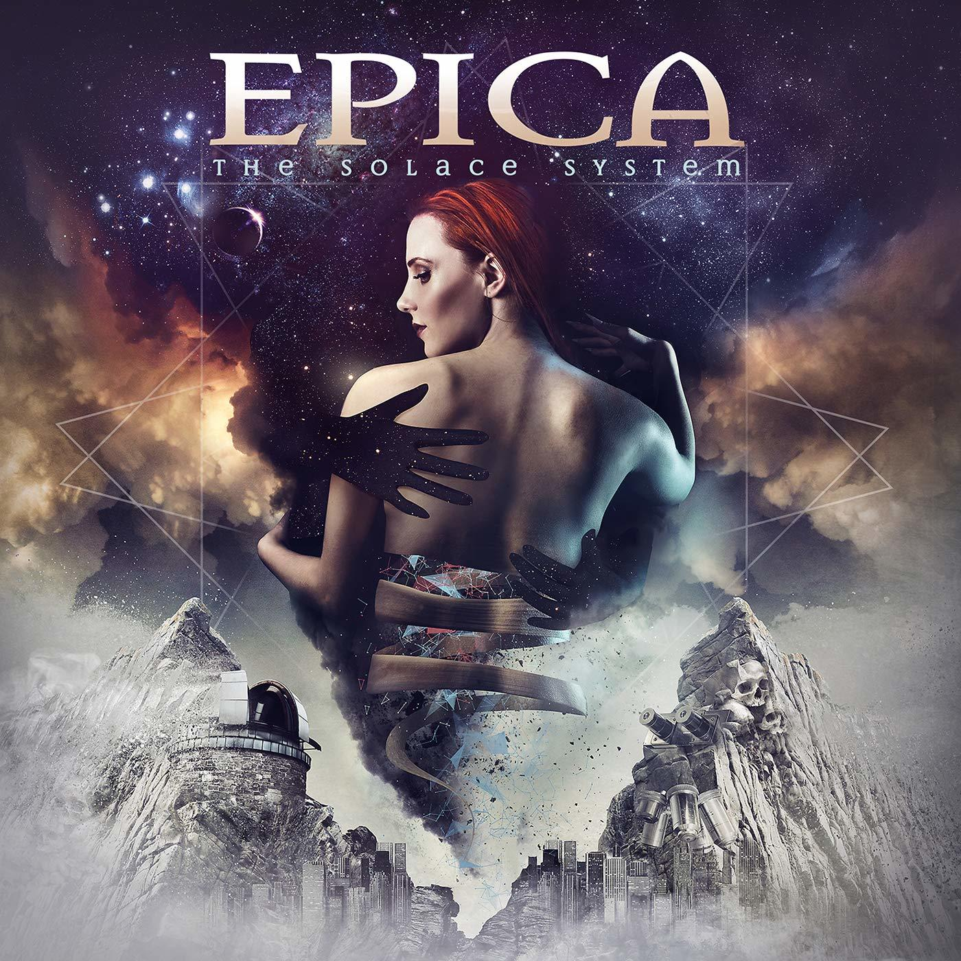 Albumcover mit einer Frau, die von schattigen Händen umarmt wird. Text: EPICA - The Solace System.