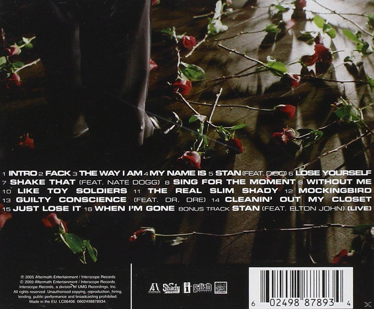 Rückseite einer Eminem CD mit Titeltiteln.