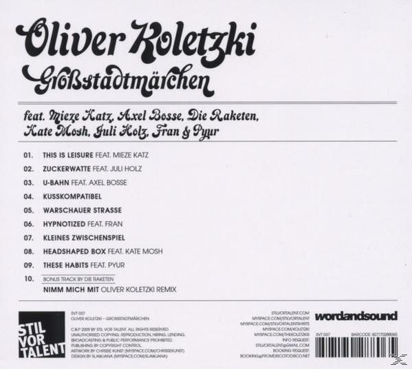 Albumcover von 'Oliver Koletzki'. Mit Text und einer Titelliste.