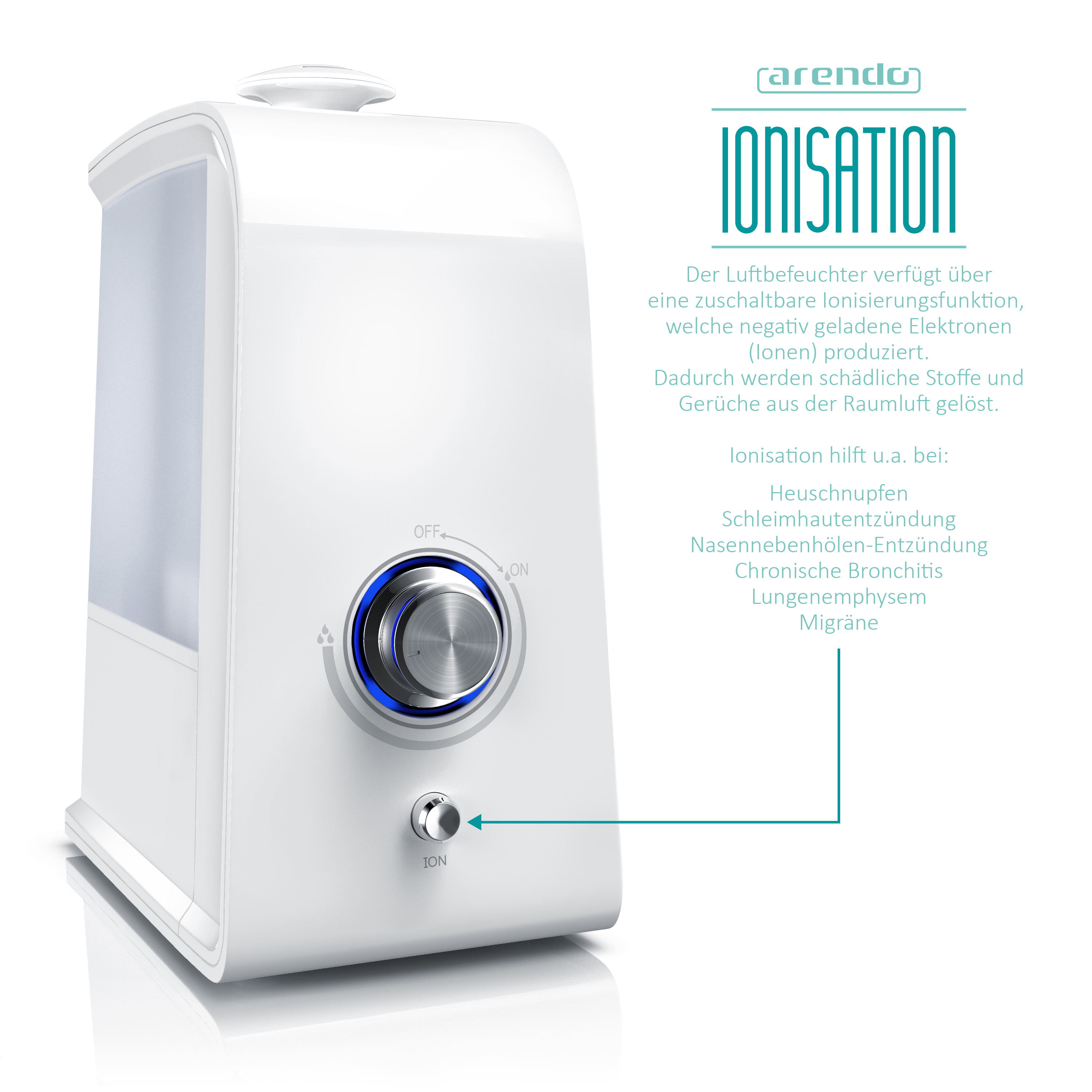 ARENDO 302603 Ionisator Luftbefeuchter Weiß (30 Watt, Raumgröße: 40 m²)