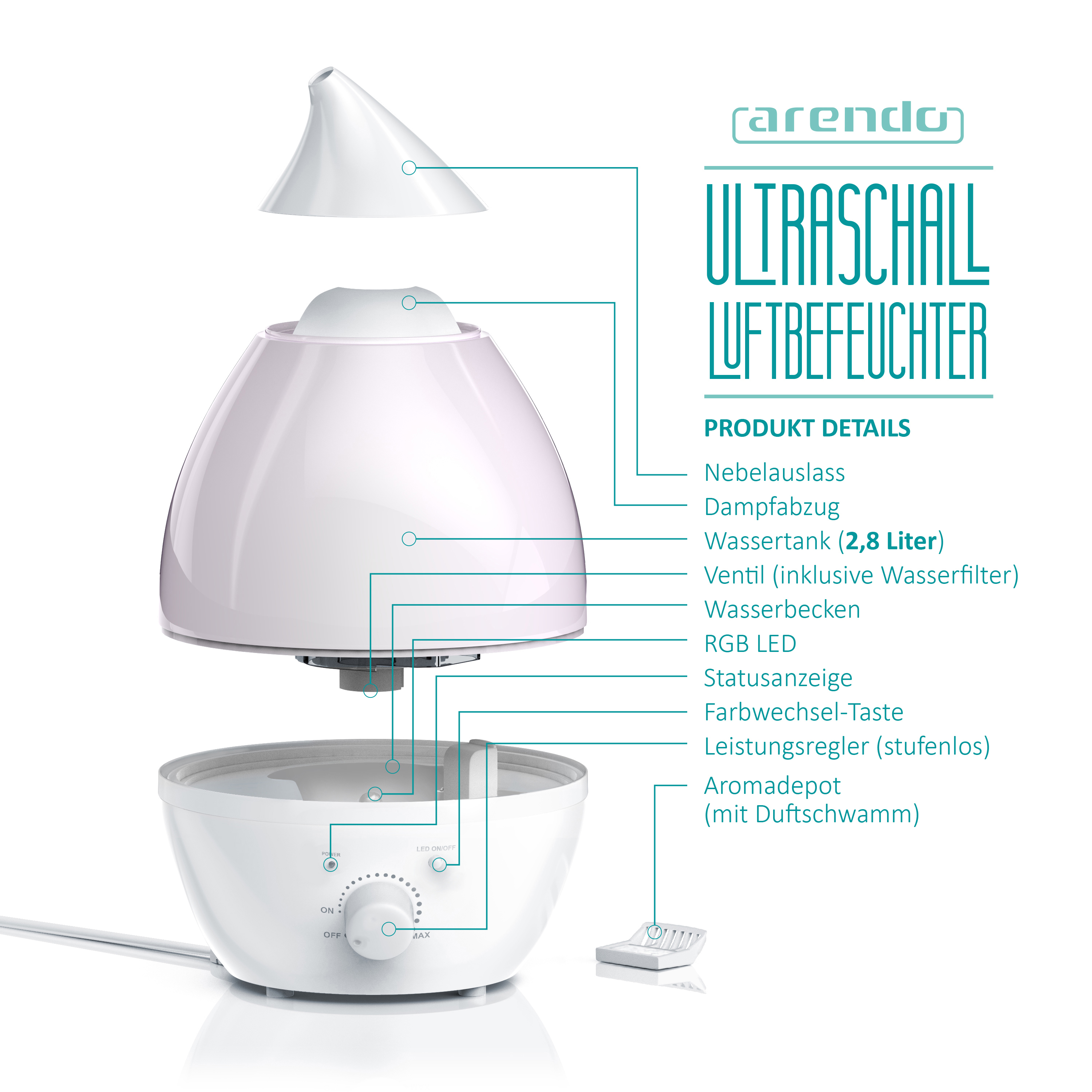 ARENDO 302714 Breeze Luftbefeuchter Weiß (20 Watt, Raumgröße: 30 m²)