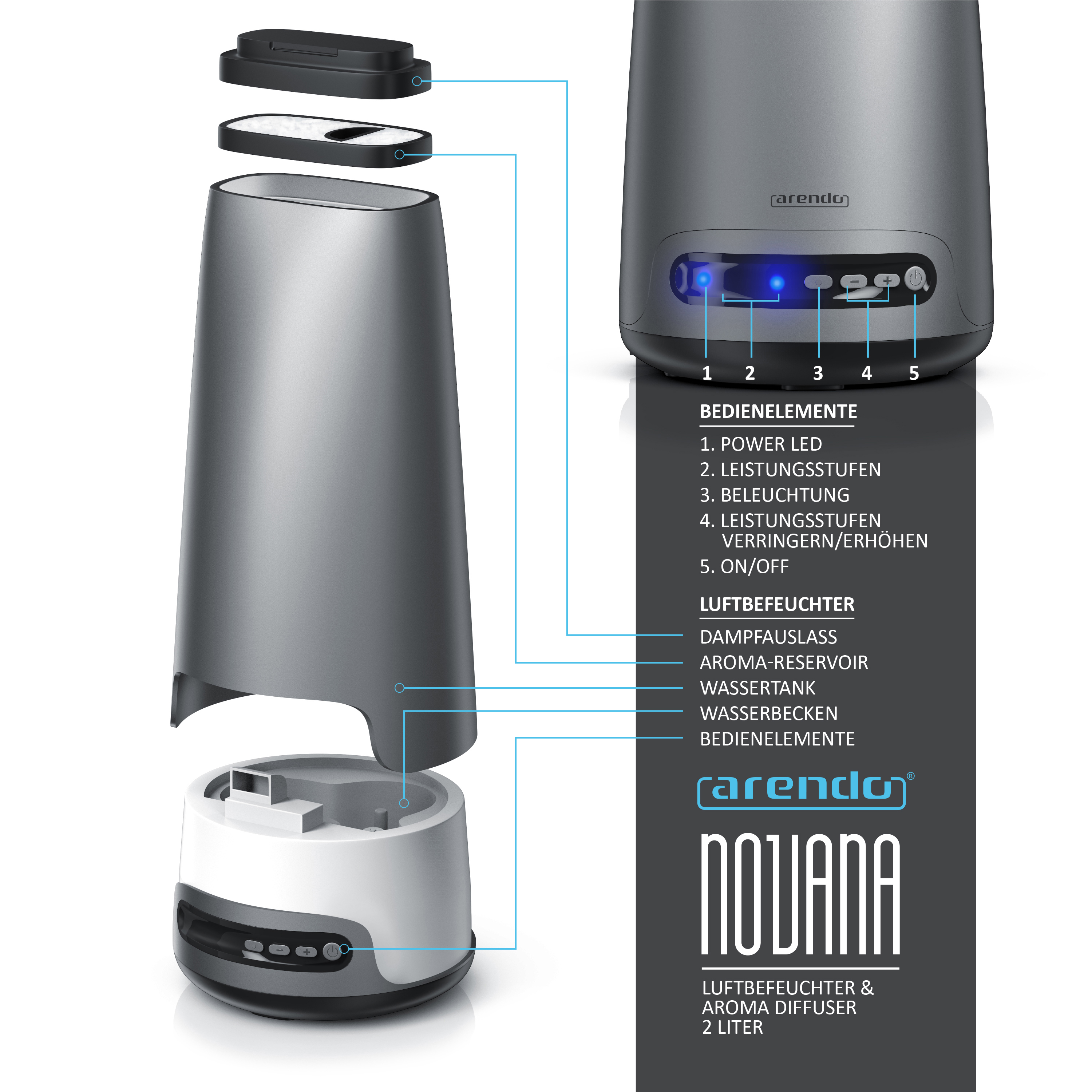 ARENDO 302757 Novana Luftbefeuchter Grau/Schwarz (30 Watt, Raumgröße: 20 m²)