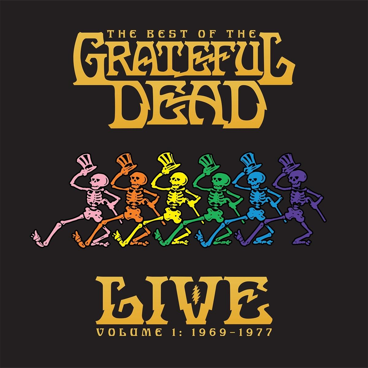 A Grateful Dead Live albumborítója színes ruhás csontvázakkal, fekete háttérrel.