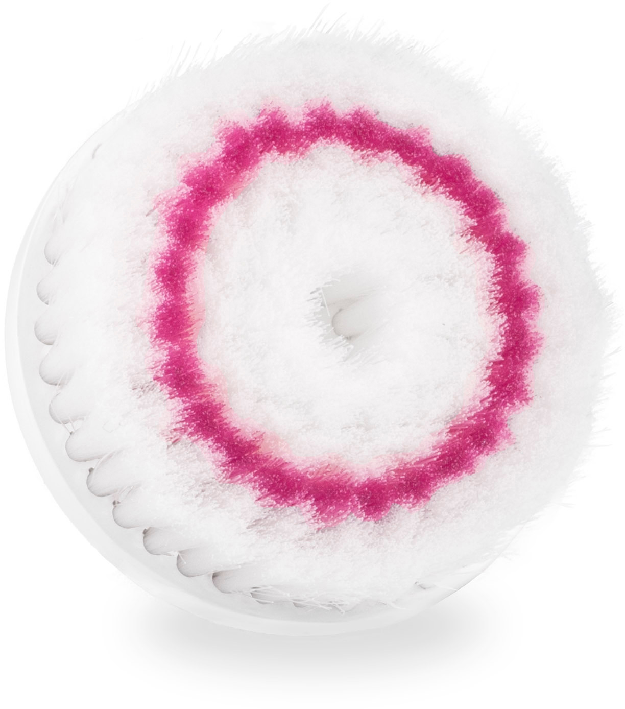 Eine weiße, kreisförmige Gesichtsbürste mit einem rosa Ring in der Mitte. Sie hat weiche Borsten. Die Basis ist weiß. Isoliert auf Weiß.