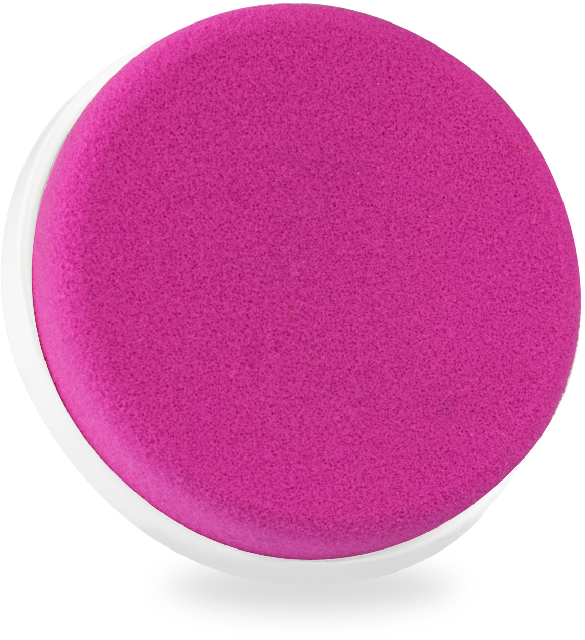 Ein runder, pinkfarbener Make-up-Schwamm befindet sich in einem weißen Kunststoffhalter. Der Schwamm ist zentriert und wirft einen Schatten.
