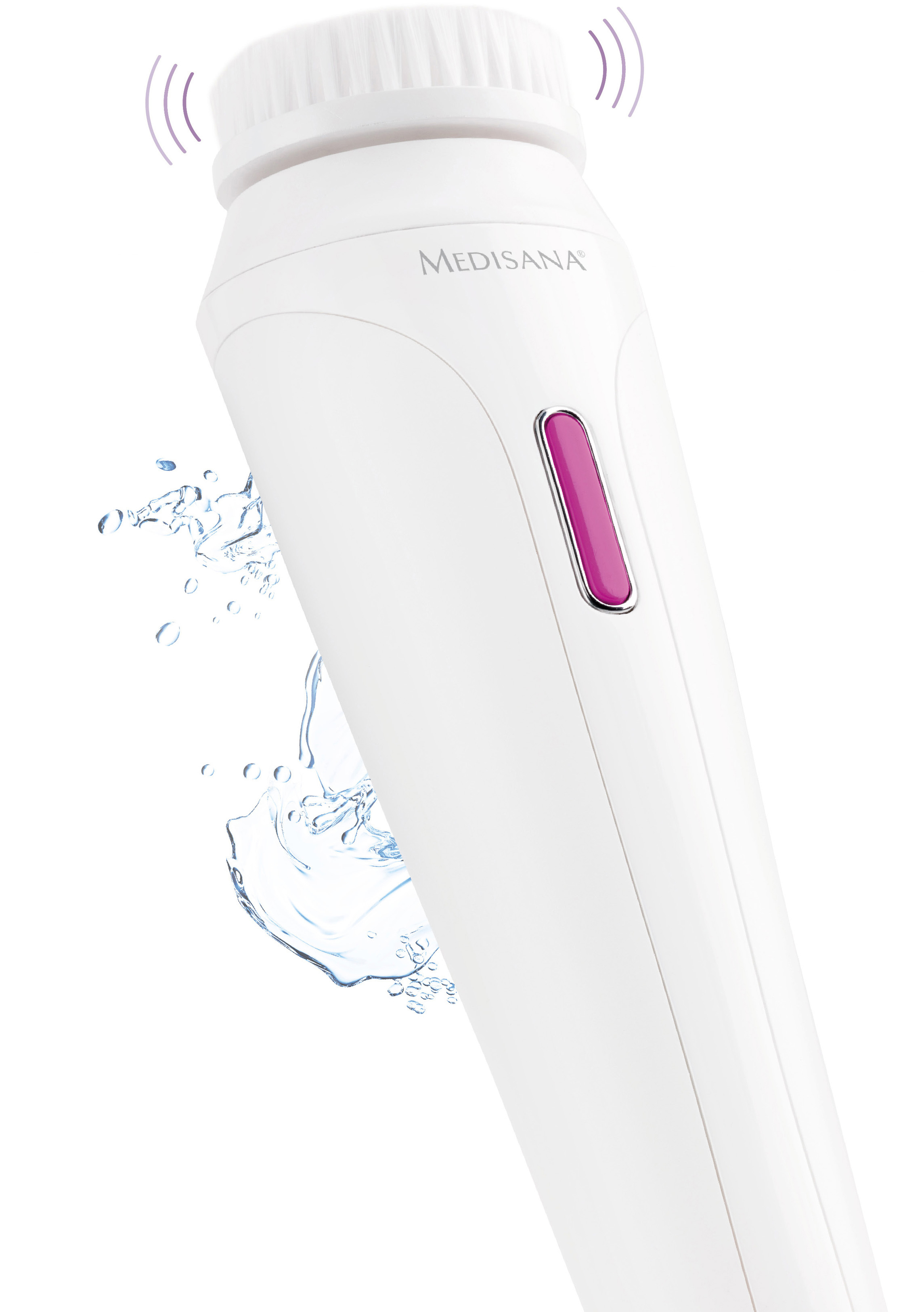 Eine weiße Gesichtsbürste mit pinkfarbener Taste. Wasser spritzt heraus. Der Markenname ist Medisana.