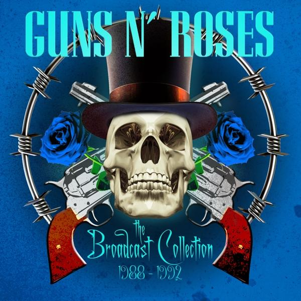 Guns N' Roses albumhoes met schedel, geweren en rozen op een blauwe achtergrond. Tekst bevat bandnaam en jaren.