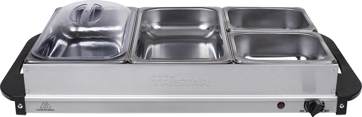 A stainless steel food warmer with three compartments and a clear lid. Black handles are present.