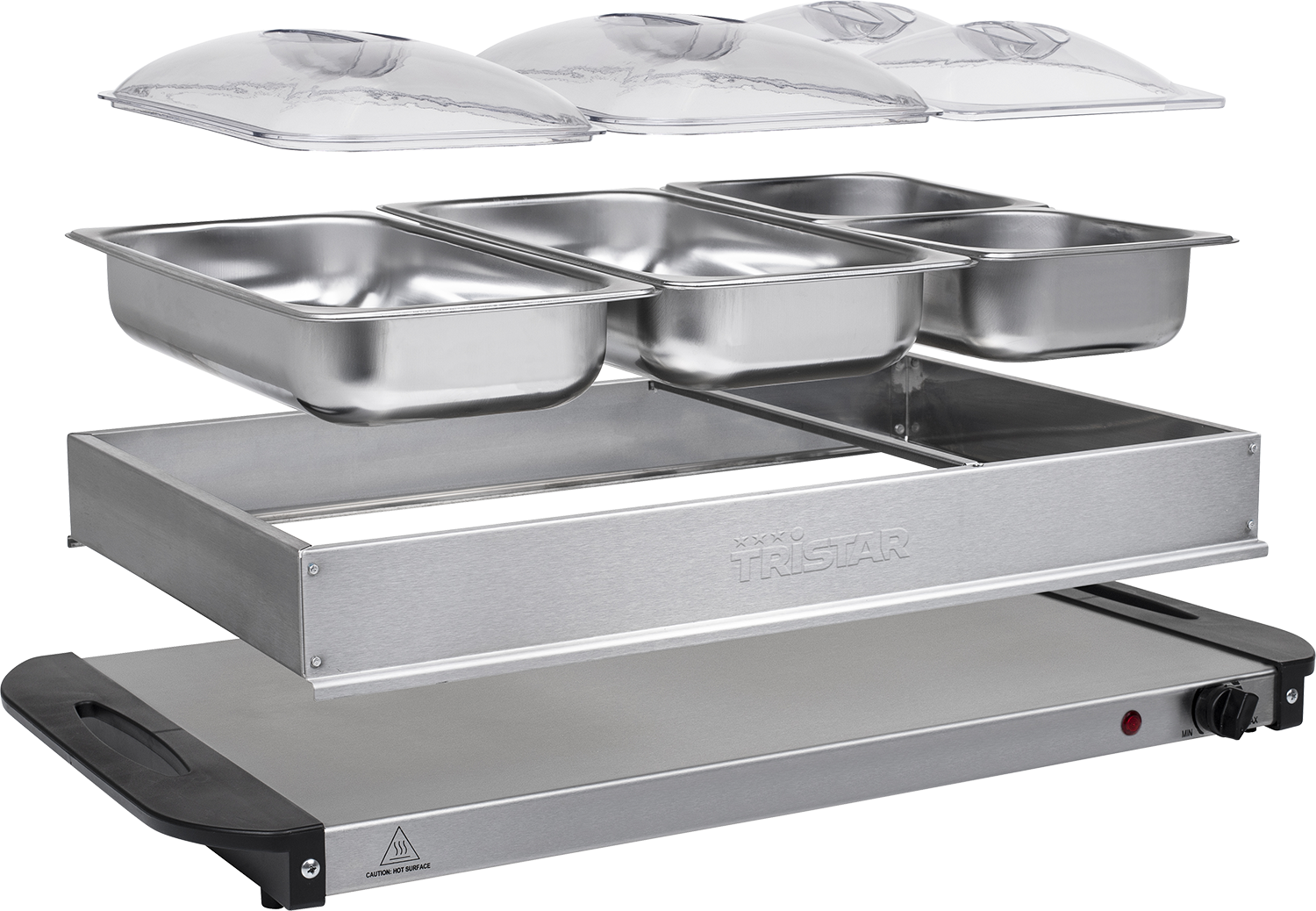 A food warmer with three stainless steel containers, transparent lids, and a heating base. The item is new.