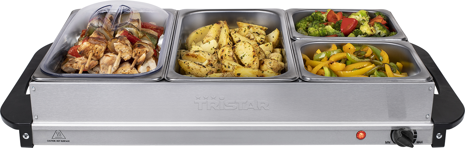 Stainless steel food warmer with three compartments, each with food.