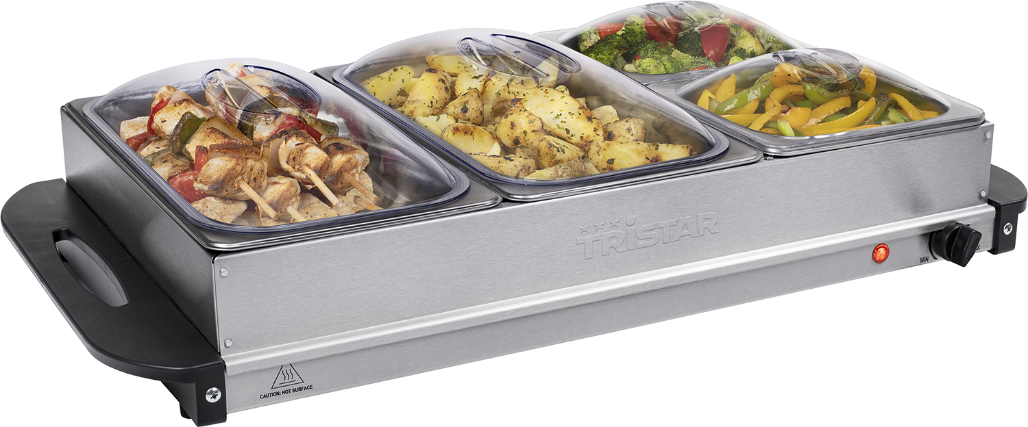 A stainless steel food warmer with three sections, transparent lids.