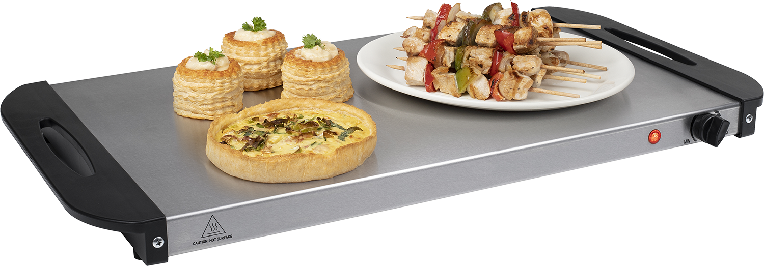 A silver warming tray with food: quiche, vol-au-vents and skewers.