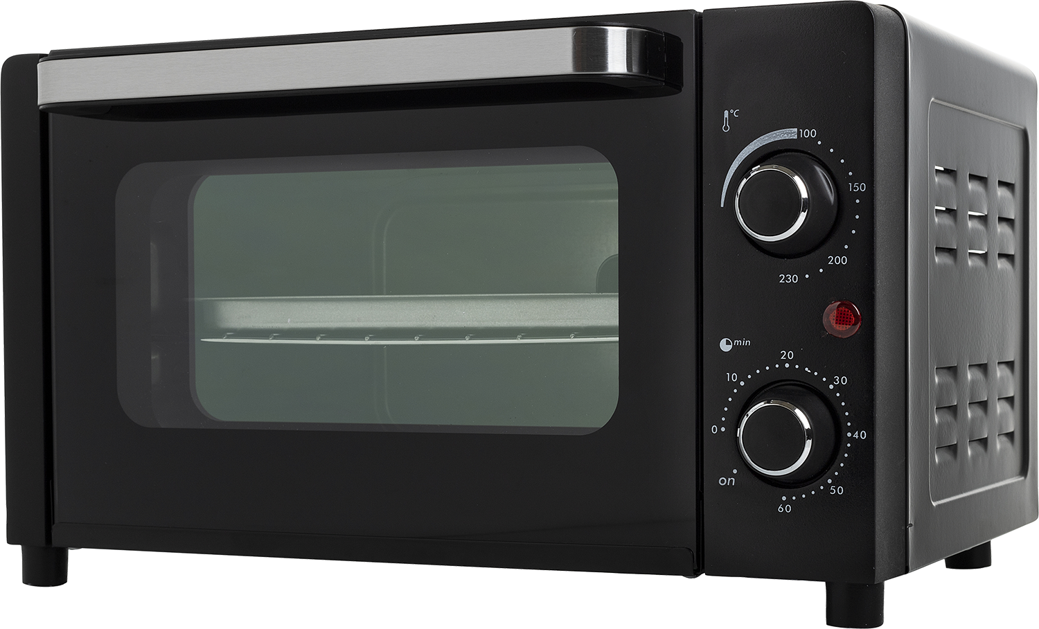 Black mini oven with controls and a handle against a white background, closed door.